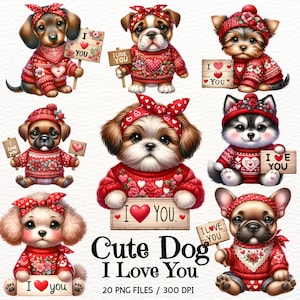 Hund ich liebe dich Aquarell Clipart, Valentine Clipart, Welpe Sublimation, Valentine Hund, Hundeliebhaber, süßes Tier, digitaler Download kommerziell