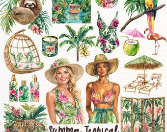 Watercolor Tropical Clipart: Summer Beach PNG Graphics (Digital Download)