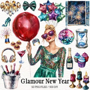 Puede incluir: Ilustración digital con temática de Año Nuevo, con una mujer con un vestido de lentejuelas sosteniendo un globo rojo. Otros elementos incluyen champán, globos, fuegos artificiales y velas. Se muestra el texto "Glamour New Year".
