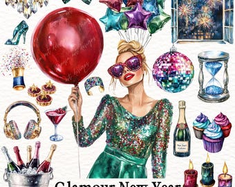 Watercolor New Year Clipart, Glamour, Champagne, Fireworks, Balloons PNG, Holiday Digital Download