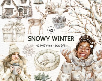 Watercolor Winter Clipart: Snowy Cottagecore Illustrations (Digital Download)