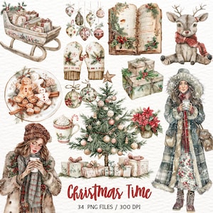 Watercolor Christmas Clipart, Cozy Winter, Xmas PNG, Festive Images, Cozy Christmas, Reindeer, Ornaments, Christmas Wreath, Digital Download