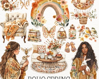 Watercolor Spring Clipart: Boho Cottagecore PNG (Digital Stickers)