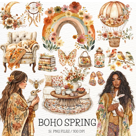 Watercolor Spring Clipart: Boho Cottagecore PNG (Digital Stickers)