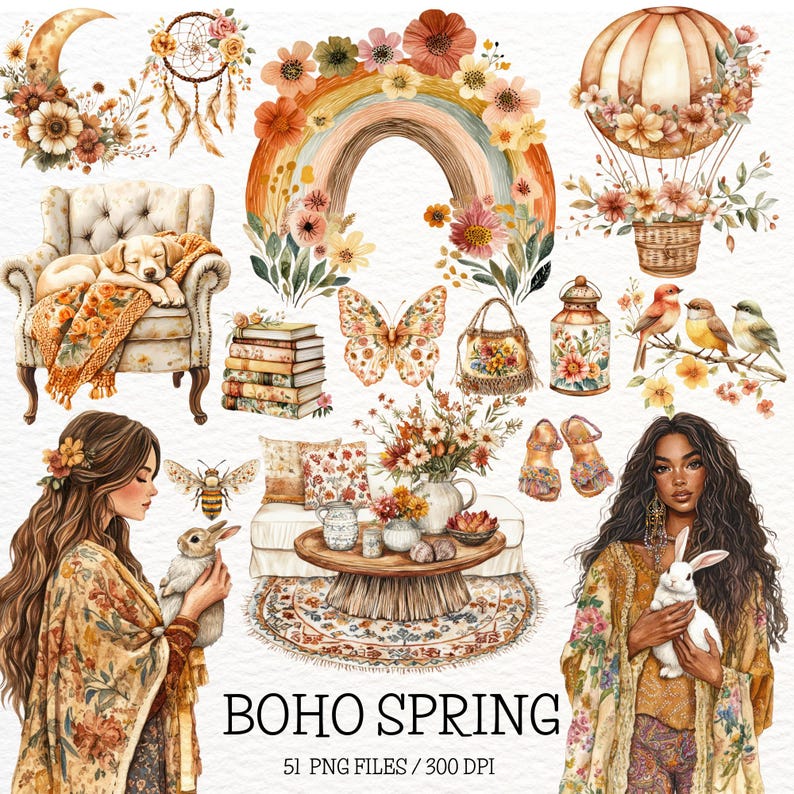 Pu&ograve; includere: Un set di 51 illustrazioni digitali a tema primaverile boho. Le illustrazioni includono un arcobaleno, fiori, una mongolfiera, una farfalla, una sedia, una pila di libri, un tavolo, una ragazza con un coniglio, un'ape, un acchiappasogni, una mongolfiera, un barattolo, un uccello, un tappeto e altro ancora.