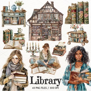 Clipart libreria acquerello, amante dei libri, lettura, clipart di libri vintage, libro PNG, libreria, album di ritagli, adesivi per il download istantaneo commerciale