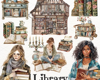 Clipart della biblioteca di acquerelli: adesivi PNG di libri vintage (download immediato)