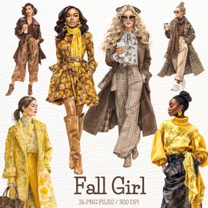Watercolor Fall Fashion Girls Clipart: Autumn Outfits PNG (Digital Download)