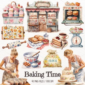 Cuisson du temps des cliparts aquarelle, Baker Girl graphiques, ustensiles de cuisine, scrapbooking, journal indésirable, boulangerie PNG, clipart boulangerie, usage Commercial