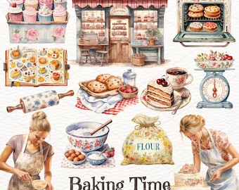 Clipart di cottura ad acquerello: utensili da cucina, ragazza fornaia PNG (uso commerciale)