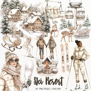 Clipart de estação de esqui em aquarela, inverno aconchegante, aventura de viagem, clipart de férias, esqui PNG, ilustrações de inverno, download digital de scrapbooking