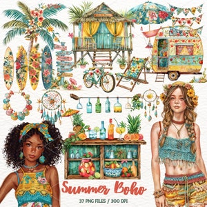 Aquarelle été Boho Clipart, graphiques d'été Cottagecore PNG, Boho Girl Boho vintage living, téléchargement numérique autocollants usage Commercial