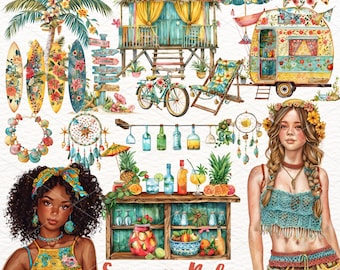 Clipart Boho de Verano en Acuarela: Gráficos PNG de estilo Cottagecore (Descarga digital)