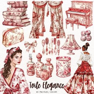 Watercolor Toile Clipart, Chinoiserie Décor, Toile de Jouy, Vintage Graphics PNG, Digital Download, Scrapbooking DIY Projects Commercial Use