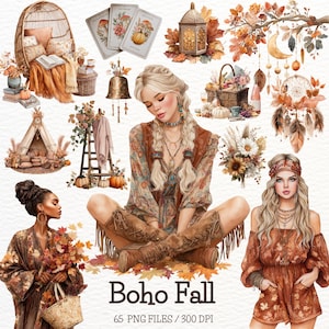 Puede incluir: Ilustración digital con temática otoñal, que presenta a una mujer con largas trenzas rubias, rodeada de hojas de otoño y elementos decorativos. La imagen incluye una silla de mimbre, calabazas y el texto "Boho Fall".