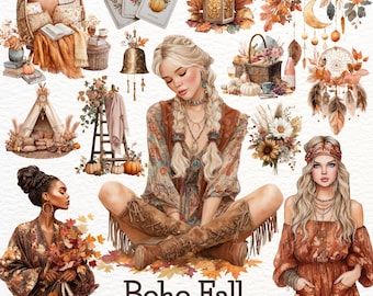 Boho Fall Clipart Set: Watercolor Autumn PNG Graphics (Digital Download)