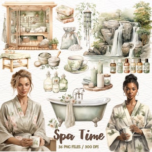 Clipart aquarelle temps de spa, clipart bien-être et soins personnels, fille de spa, cottagecore, relaxation, journal indésirable, scrapbooking, autocollants, publicité