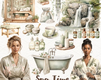 Watercolor Spa Clipart: Selfcare, Relaxation, Cottagecore (PNG Digital Download)