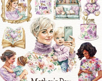 Watercolor Mother’s Day Clipart, Mom and Me, Floral Mother’s Day Mother and Child Boho Mothers Day, Mom PNG, Family Clipart Digital Stickers
