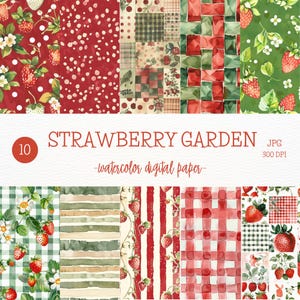 Aquarelle, Motifs sans couture de jardin de fraises, Motif de baies JPEG, Fond de fraises, Motif répétitif, Papiers numériques, Scrapbooking