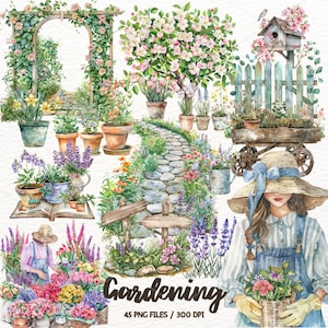 Ogrodnictwo Akwarela Clipart, Wiosenny Ogród, Letni Ogród, Narzędzia Ogrodnicze PNG, Ogrodnicze Dziewczyny, Rośliny Kwiaty Scrapbooking Komercyjne Wykorzystanie