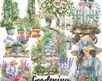 Watercolor Gardening Clipart: Spring & Summer Flowers (PNG Digital Download)