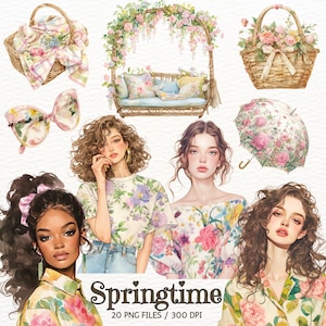 Clipart primaverile ad acquerello, Clipart ragazza primaverile, Clipart floreale primaverile, PNG fiore primaverile, Scrapbook, pianificatore, Download digitale, Commerciale