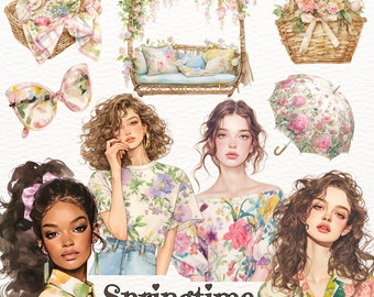 Watercolor Spring Girl Clipart: Floral PNG Set (Digital Download)