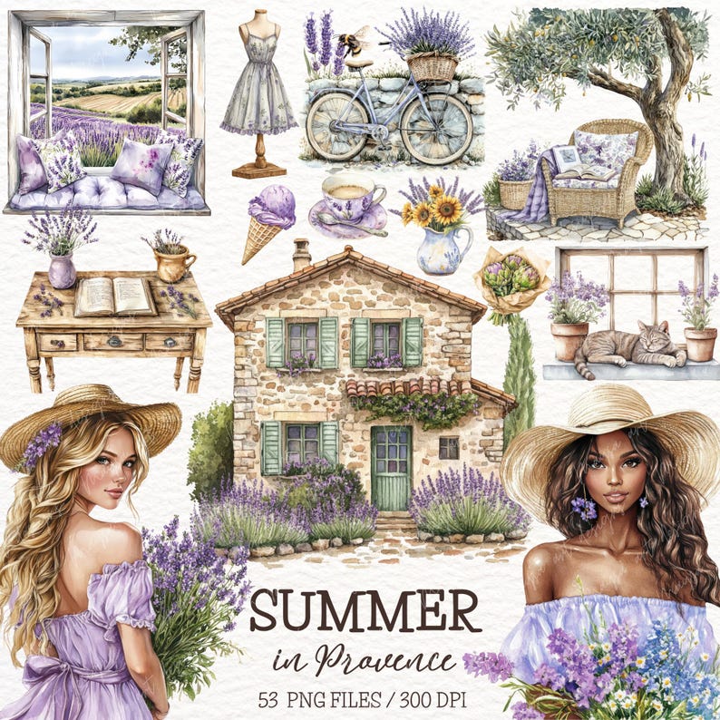 May include: A watercolour illustration of a summer scene in Provence, France. The illustration features a stone house with lavender bushes, a bicycle, a woman with lavender flowers, and a window with a view of a lavender field. The text "Summer in Provence" is written in a decorative font.