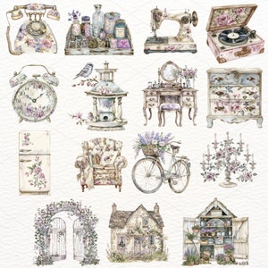Pu&ograve; includere: Una collezione di illustrazioni di ispirazione vintage che presentano una variet&agrave; di oggetti, tra cui un telefono, una macchina da cucire, un giradischi, un orologio, una casetta per uccelli, un set da toeletta, una cassettiera, un frigorifero, una poltrona, una bicicletta, un candelabro, un cancello, un cottage e un capanno da giardino. Le illustrazioni sono realizzate in stile acquerello e presentano motivi floreali e dettagli delicati.