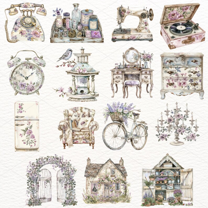 Pu&ograve; includere: Una collezione di illustrazioni di ispirazione vintage che presentano una variet&agrave; di oggetti, tra cui un telefono, una macchina da cucire, un giradischi, un orologio, una casetta per uccelli, un set da toeletta, una cassettiera, un frigorifero, una poltrona, una bicicletta, un candelabro, un cancello, un cottage e un capanno da giardino. Le illustrazioni sono realizzate in stile acquerello e presentano motivi floreali e dettagli delicati.