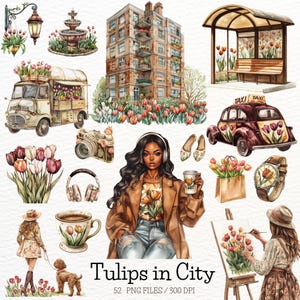 Aquarelle tulipes Clipart, ville de printemps, fleurs printanières, cottagecore, clipart campagne, printemps PNG, agenda numérique, autocollants, publicité