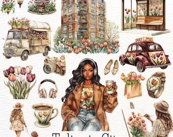 Watercolor Tulips Clipart: Spring City PNG Set (Digital Download)