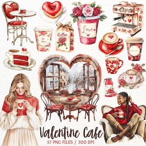 Acquerello San Valentino Caffè Clipart Accogliente Tazza da caffè per San Valentino Amante del caffè Latte Cuore Romantico Clip Art Download digitale Commerciale