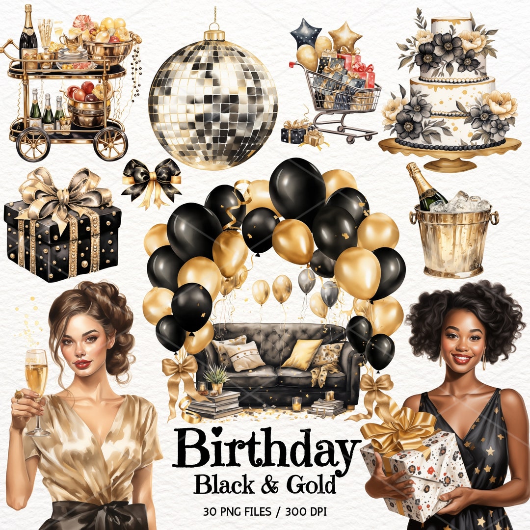 Watercolor Happy Birthday Clipart, Black and Gold, Birthday Party