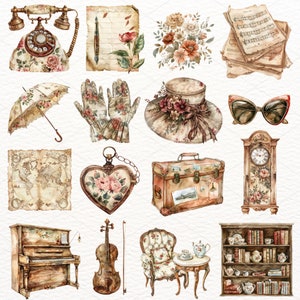 May include: A collection of vintage watercolor illustrations featuring a rotary phone, a hat, gloves, a suitcase, a clock, a piano, a violin, a chair, a bookshelf, a heart-shaped locket, a map, a sheet of music, sunglasses, and an umbrella.