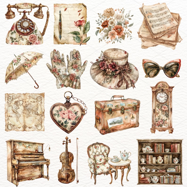 May include: A collection of vintage watercolor illustrations featuring a rotary phone, a hat, gloves, a suitcase, a clock, a piano, a violin, a chair, a bookshelf, a heart-shaped locket, a map, a sheet of music, sunglasses, and an umbrella.