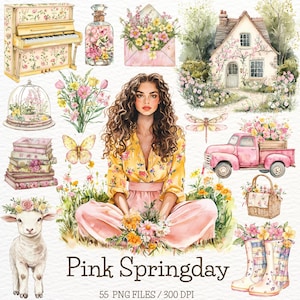 Watercolor Pink Springday Clipart, Cottagecore, Sweet Spring, Florals, Spring Flowers, Cozy Spring, Spring PNG, Digital Planner, Commercial
