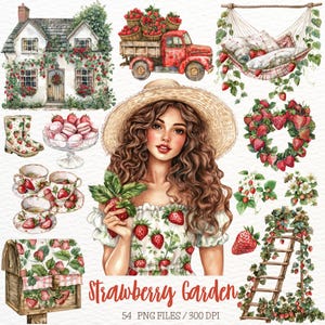 Aquarelle fraise jardin Clipart fleurs de printemps baies de saison Clipart graphiques d'été fraises PNG Scrapbooking autocollants numériques