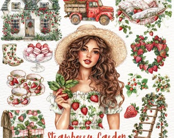 Watercolor Strawberry Garden Clipart: Spring Flowers PNG (Digital Stickers)