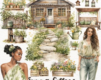 Watercolor Summer Cottage Clipart, Cottagecore Clipart, Watercolor Girls, Countryside Clipart, Scrapbooking, Instant Download Commercial Use