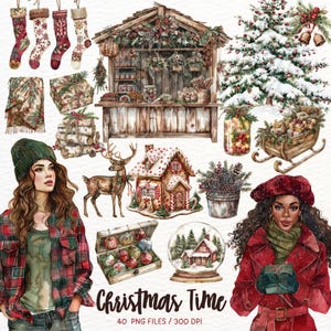 Aquarel kersttijd clipart, gezellige kerst png, klassieke kerst, rode kerst, rendieren, ornamenten, kerstboom, vakantiedecor
