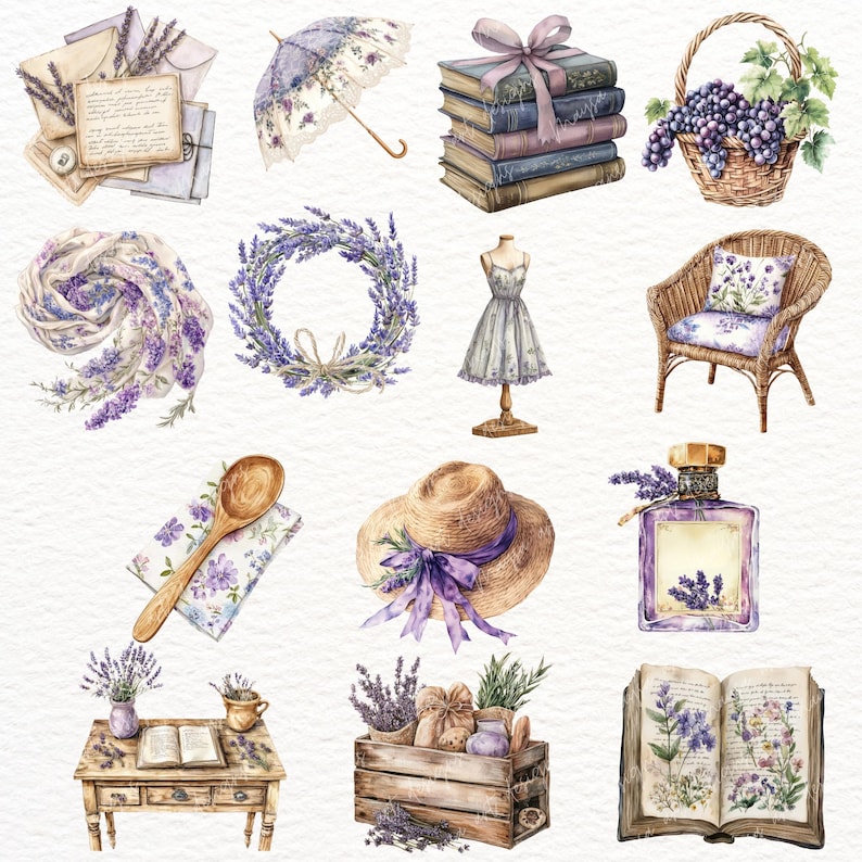 May include: A watercolour illustration of lavender themed items, including a wreath, a bouquet, a book, a bottle of perfume, a hat, a wooden crate, a chair, a scarf, a spoon, a stack of books, an umbrella, and a basket of grapes.