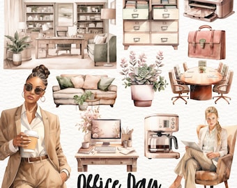 Clipart bureau aquarelle : patronne, femme d'affaires (autocollants numériques)