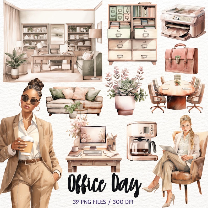 Puede incluir: Una ilustraci&oacute;n de acuarela de una mujer con un traje beige sosteniendo una taza de caf&eacute;. La ilustraci&oacute;n incluye muebles de oficina, plantas, una cafetera y una impresora. El texto "Office Day" y "39 PNG FILES / 300 DPI" est&aacute; incluido en la imagen.