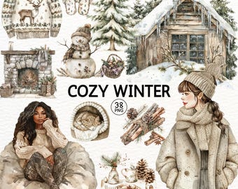 Watercolor Winter Clipart: Cozy Cabin PNG Set (Digital Download)