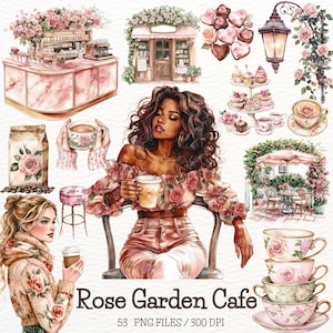 Aquarel Rose Garden Cafe clipart, roze rozen illustraties, café png, zomer graphics, koffieliefhebber, scrapbooking digitale download commercial