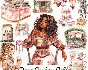 May include: A watercolor illustration of a cafe with a rose garden theme. The cafe has a pink counter and a sign that says "Rose Garden Cafe". There are several tables and chairs outside the cafe, and a woman is sitting at one of the tables drinking coffee. There are also several roses and other flowers in the illustration.