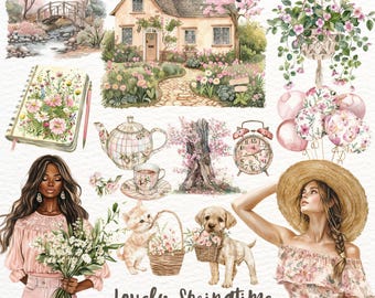 Watercolor Spring Clipart: Pink Cottagecore Florals (PNG Digital Download)