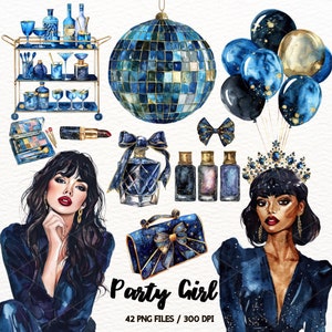 Aquarelle Party Girl Clipart, PNG, fête de célébration, fille glamour, ballons à Champagne, maquillage, téléchargement numérique, autocollant, publicité